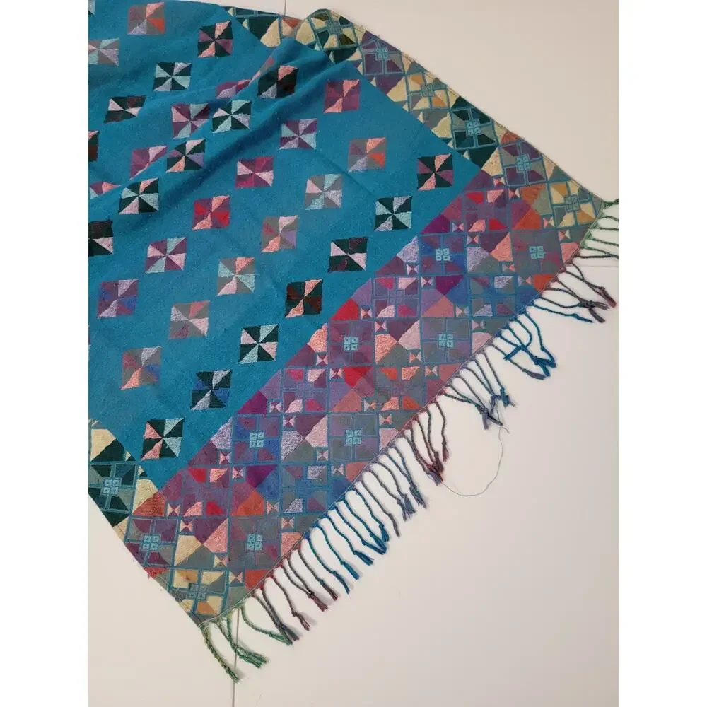 Womens Teal Geometric Scarf Multicolor Pinwheel Diamond Pattern Fringe Boho